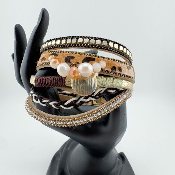 Multi-Strand Mixed Material Bracelet Bohemian Animal Print Rhinestone Faux Pearl - Picture 1 of 8